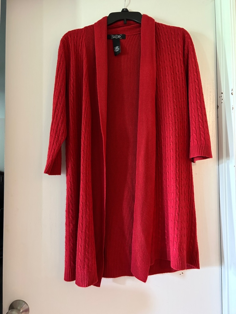 Crystal Kobe Red Open-Front Cable Knit Cardigan